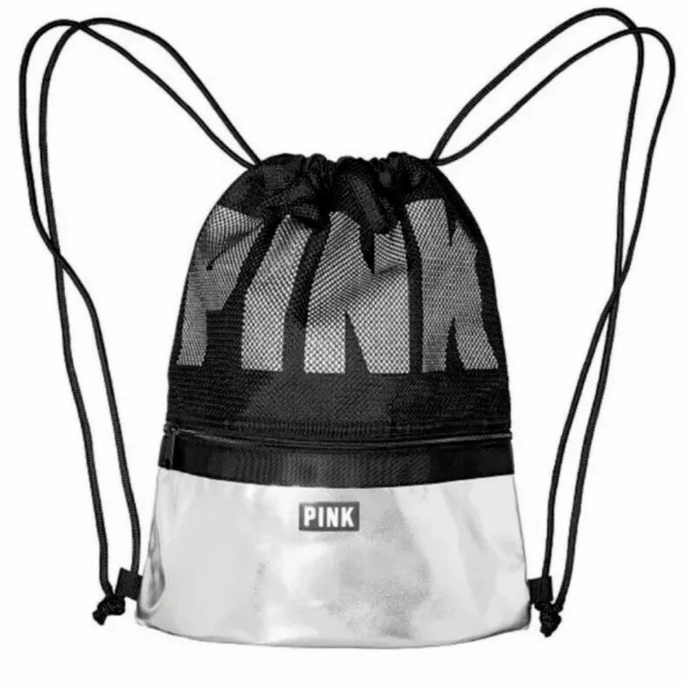 PINK Victoria's Secret Black and Gray Drawstring Bag